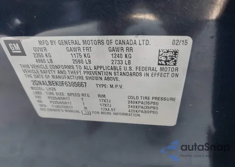 2015 Chevrolet Equinox 1Lt z USA, uszkodzony, nr VIN 2GNALBEK0F6305667
